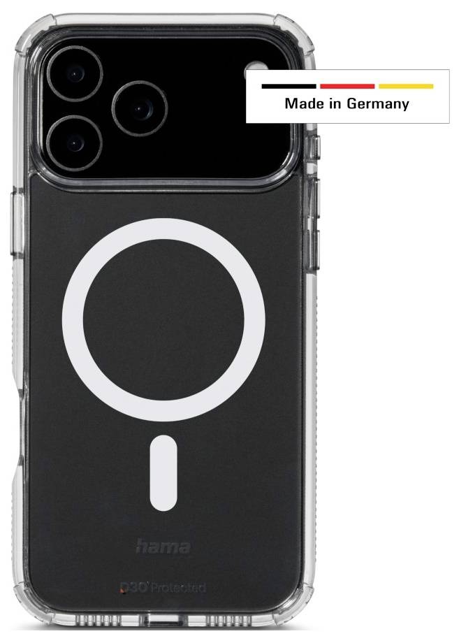 Eine transparente Handyhülle mit einem kreisförmigen Design auf der Rückseite, das drei Kameraobjektive umfasst. 'Made in Germany'-Text mit Landesflaggenfarben darüber.