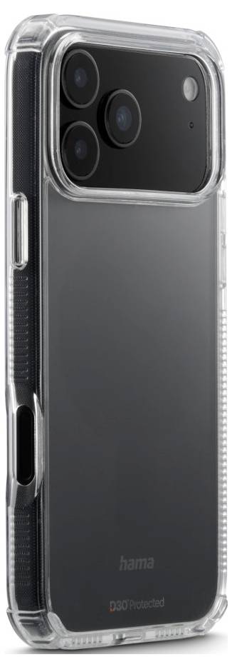 Das Bild zeigt ein schwarzes Smartphone mit einer transparenten Schutzhülle, das drei Kameraobjektive und einen Blitz oben links auf der Rückseite aufweist.