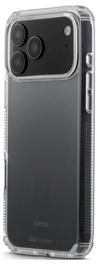 Ein Smartphone in einem transparenten Gehäuse, das Dual-Kameras und Blitz zeigt. Der Markenname 'hama' ist am unteren Rand sichtbar.