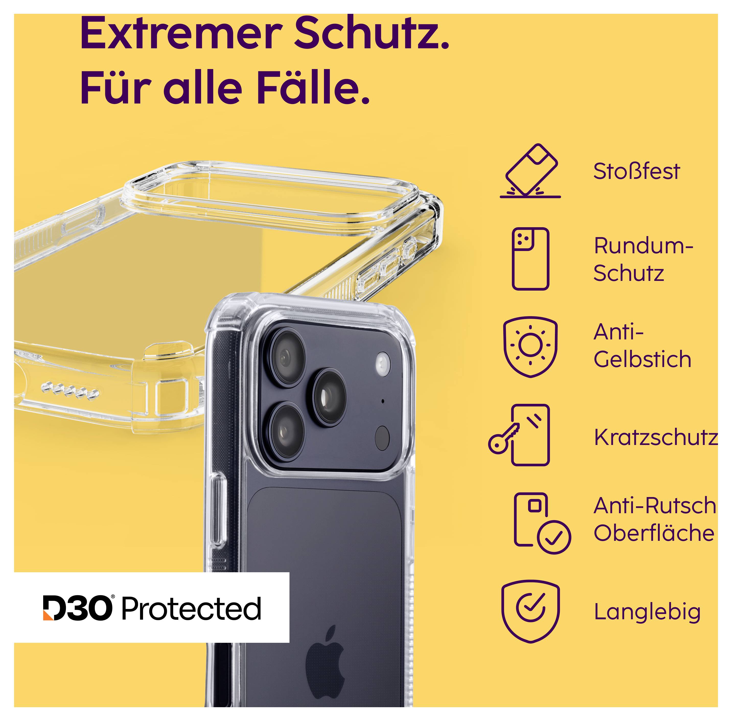 Werbegrafik für eine transparente Handyhülle mit iPhone: 'Extremer Schutz. Für alle Fälle.'; nennt Stoß-, Rundum-, Anti-Gelb-, Kratz-, Anti-Rutsch-Schutz und Langlebigkeit.