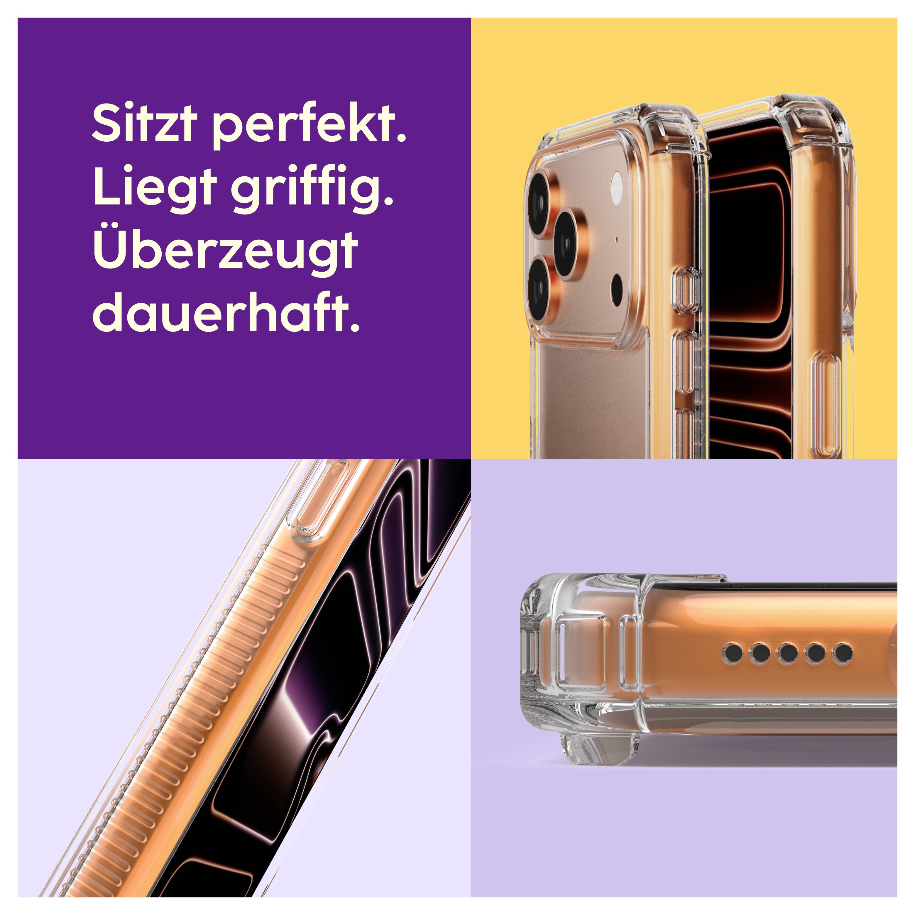 Werbeanzeige für eine transparente Handyhülle mit orangefarbenem Rahmen; Text: 'Sitzt perfekt. Liegt griffig. Überzeugt dauerhaft.'