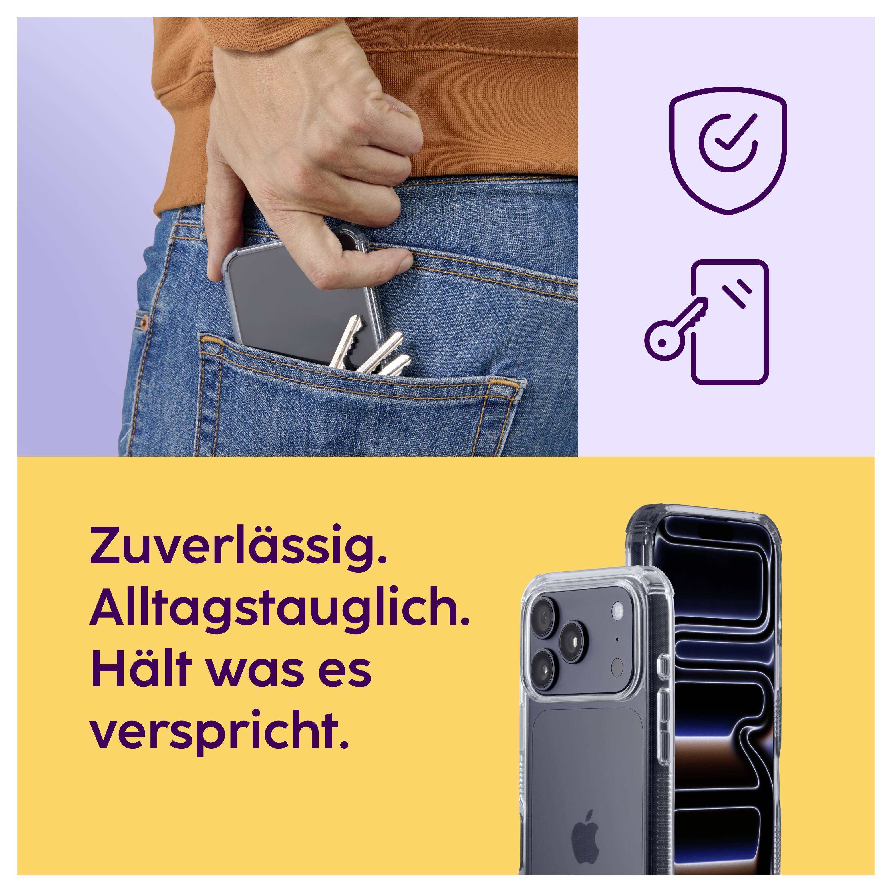 Werbeabbildung für ein robustes Smartphone in der Gesäßtasche; daneben Schutzsymbole und der Text 'Zuverlässig. Alltagstauglich. Hält was es verspricht.'