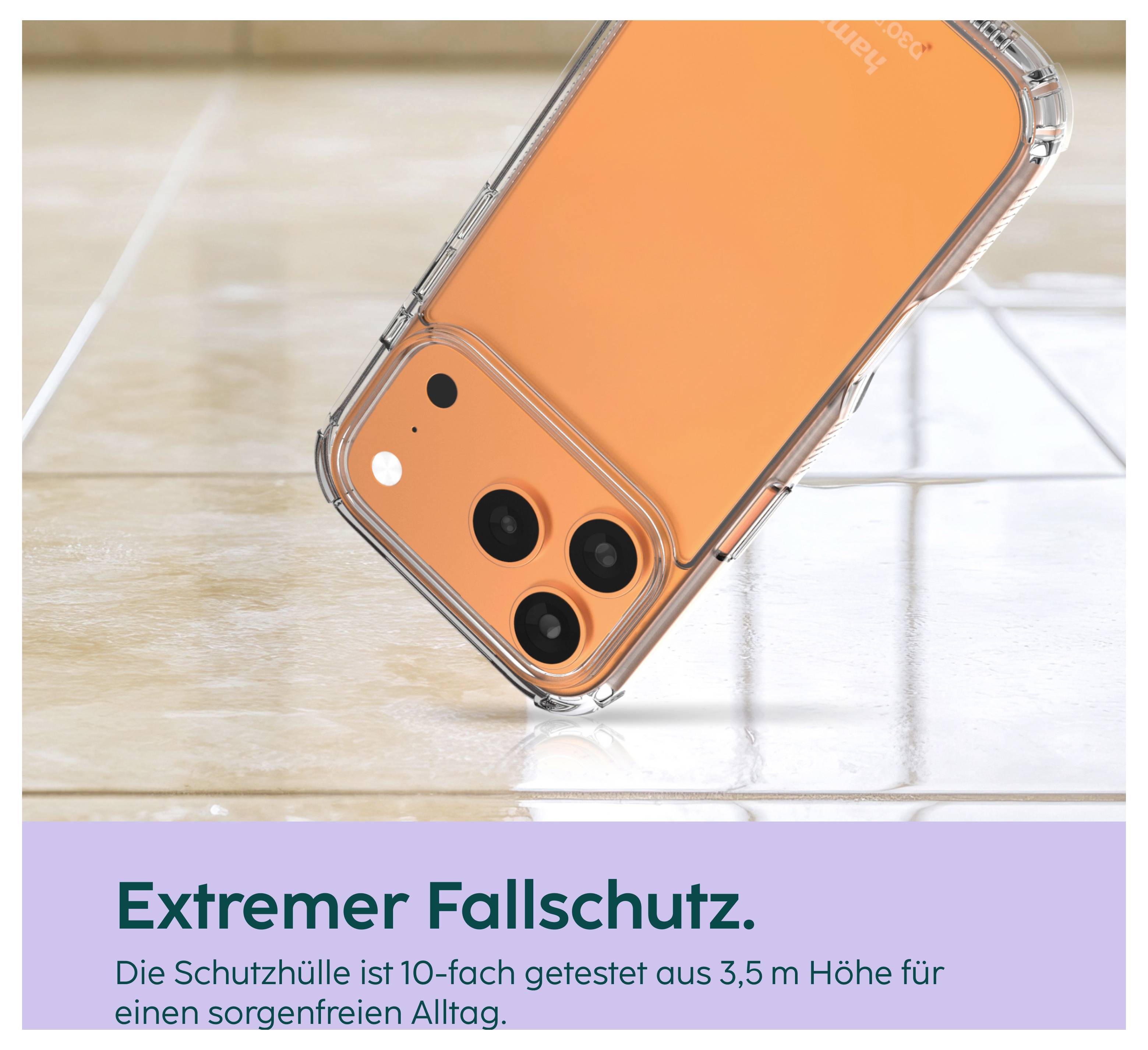 Orangees Smartphone in transparenter Schutzhülle mit dem Text 'Extremer Fallschutz.'; beworben als 10-fach aus 3,5 m Höhe getestet.