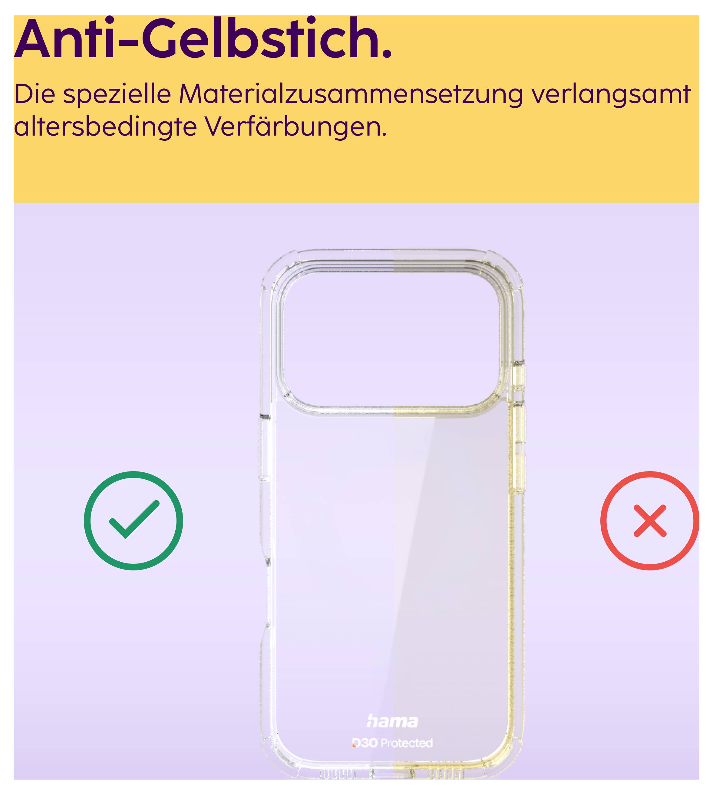 Werbung für Smartphone-Hülle: 'Anti-Gelbstich', Materialzusammensetzung verlangsamt altersbedingte Verfärbungen; grüne Hülle mit Haken, rote ohne.