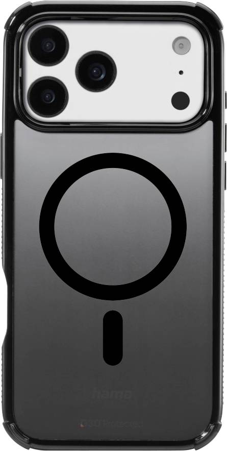 Eine schwarze MagSafe-kompatible Handyhülle mit einem weißen Rückenpanel, das drei Kameraobjektive und einen großen kreisförmigen MagSafe-Magnetumriss aufweist.