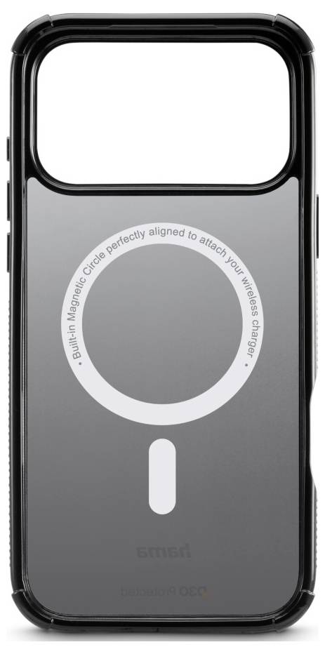Eine schwarze Handyhülle mit transparenter Rückseite zeigt eine weiße MagSafe-Ausrichtungskreis-Illustration, die zentriert nahe dem oberen Rand positioniert ist.