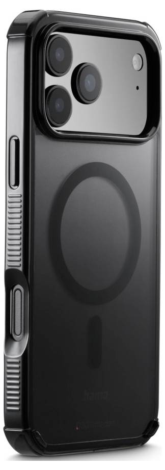 Handyhülle mit MagSafe-Kompatibilität und präzisen Kameraausschnitten, in einem robusten schwarzen Design für verbesserten Schutz.