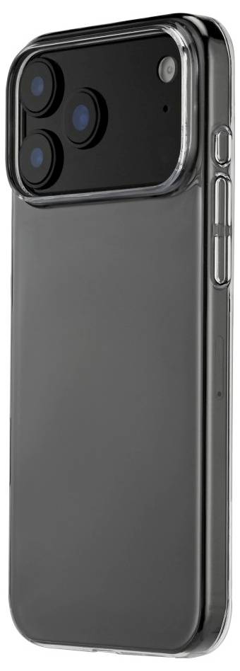 Ein Smartphone mit einer durchsichtigen Schutzhülle, das drei Kameraobjektive und einen Blitz auf der Rückseite zeigt.