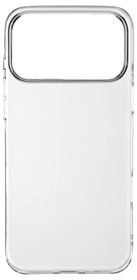 Eine transparente Smartphone-Hülle mit einer großen Kameraausschnitt an der Oberseite, entwickelt für ein Gerät mit mehreren Rückkameras.