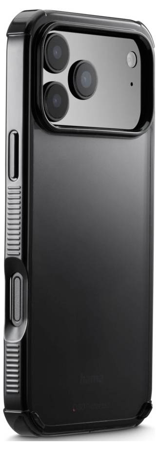 Smartphone mit schwarzer Schutzhülle, ausgestattet mit einer Dreifach-Kameraeinheit und einem seitlichen Schalter.