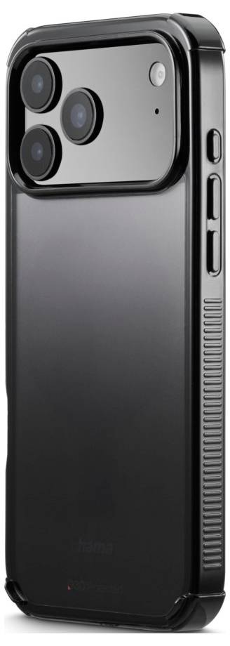 Ein schlankes schwarzes Smartphone mit Dual-Rückkameras und einem Blitz auf der linken Seite. Die rechte Seite verfügt über zwei Tasten und einen gerillten Griff.