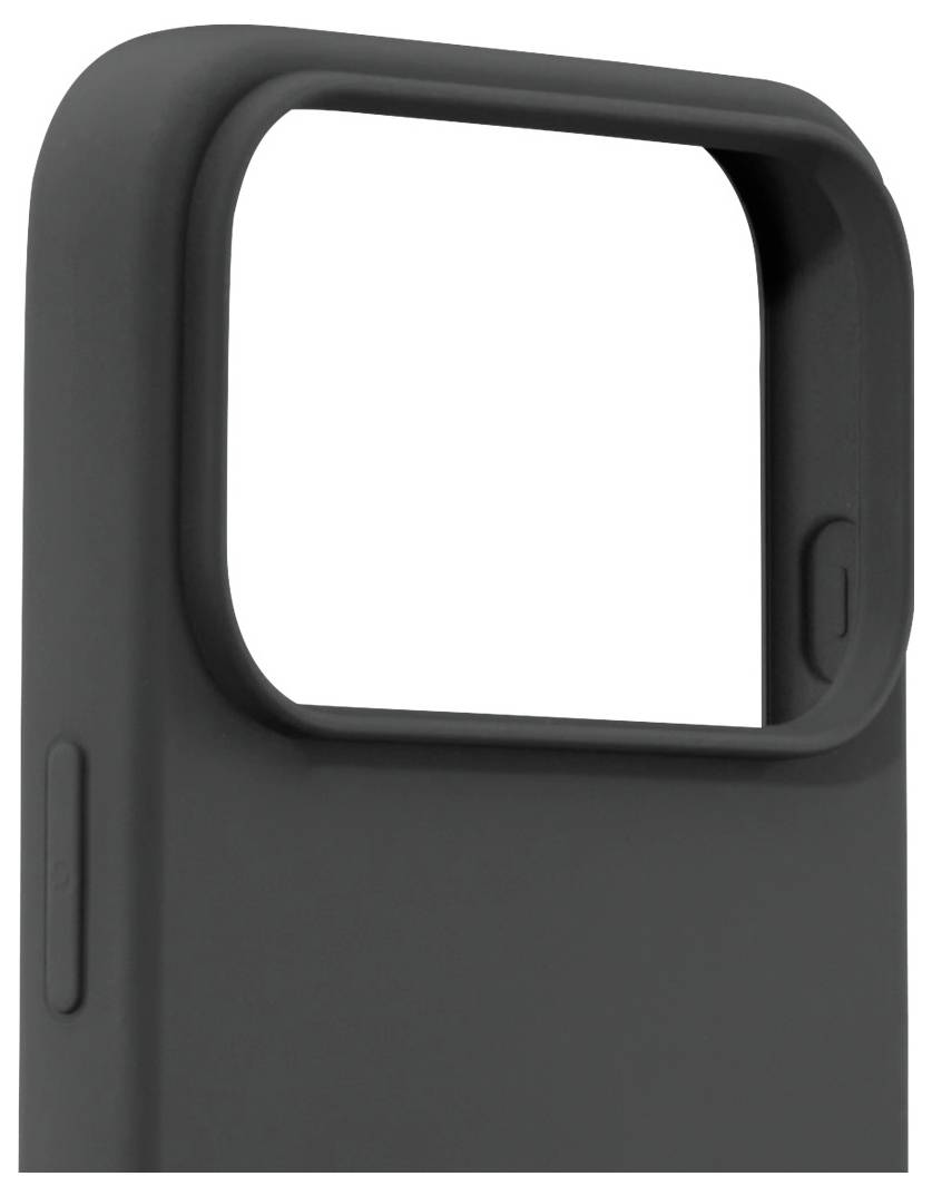 Eine schwarze Smartphone-Hülle mit einer offenen Kameraausschnitt, von der Seite betrachtet.