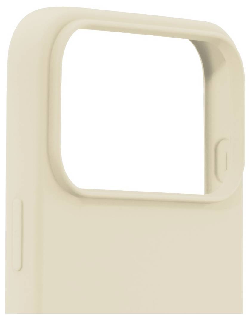 Eine beige Handyhülle mit einer großen, offenen rechteckigen Kameraausschnitt.