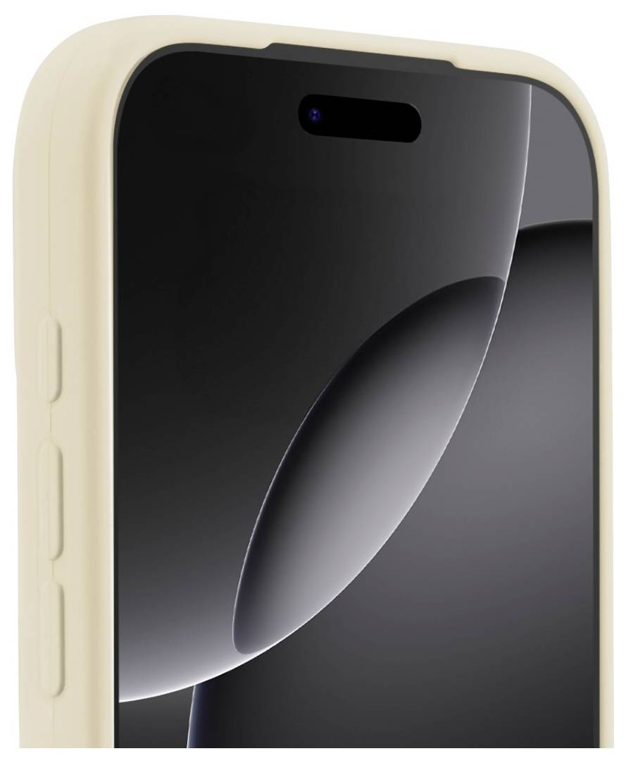 Ein Smartphone mit einer beigen Hülle, das seinen Bildschirm zeigt, mit einer Nahaufnahme eines schlanken, modernen Designs mit abgerundeten Kanten und einem dunklen Display.