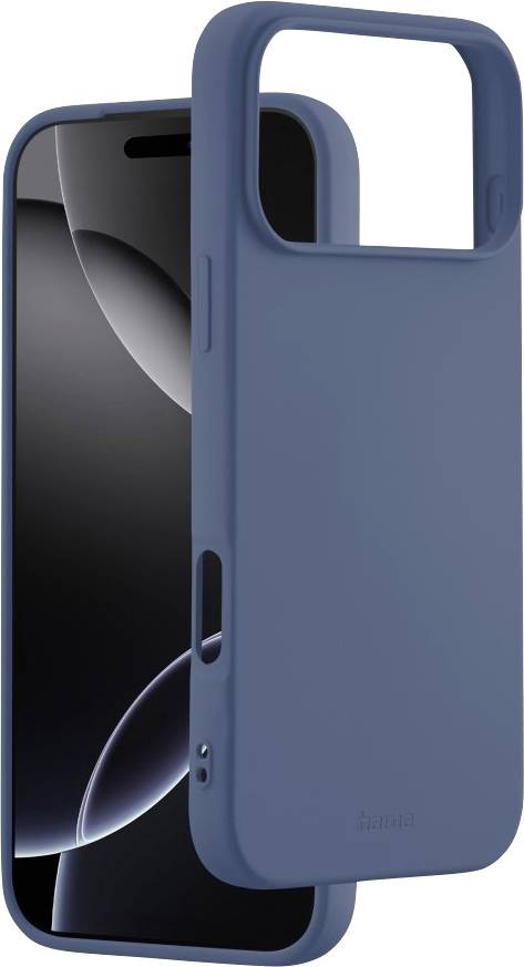 Blaue Handyhülle neben einem Smartphone mit schwarzem Bildschirm, die den Sitz und das Design präsentiert. Die Hülle verfügt über Aussparungen für Kamera und Tasten.