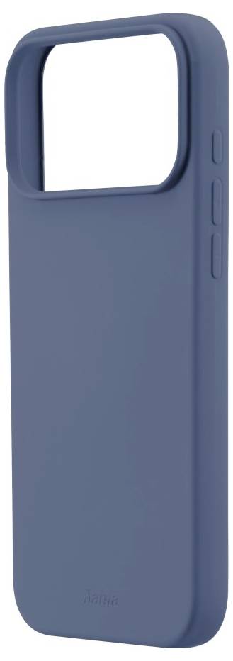 Eine blaue Handyhülle mit seitlichen Ausschnitten für Tasten, die für ein Smartphone mit Dual-Kamera konzipiert ist.