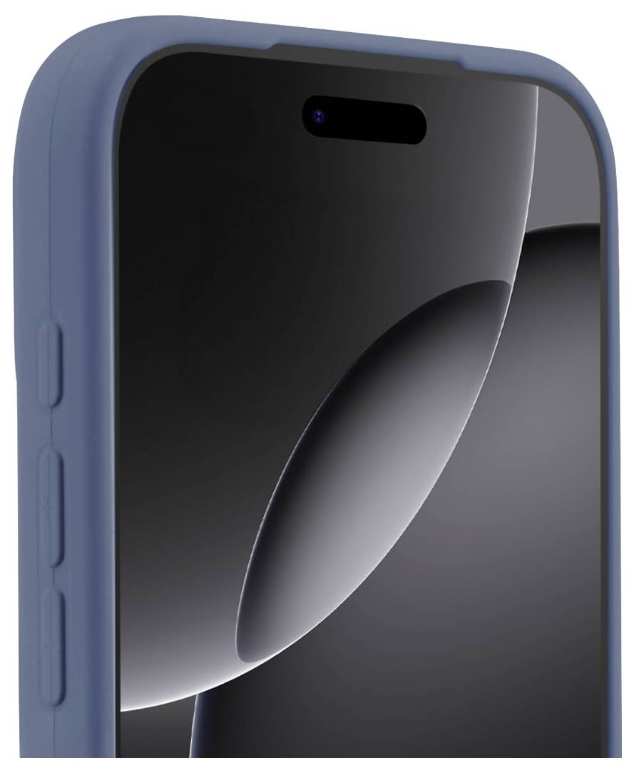 Smartphone mit blauer Hülle, das einen schwarzen und grauen abstrakten Hintergrund auf seinem Bildschirm zeigt.