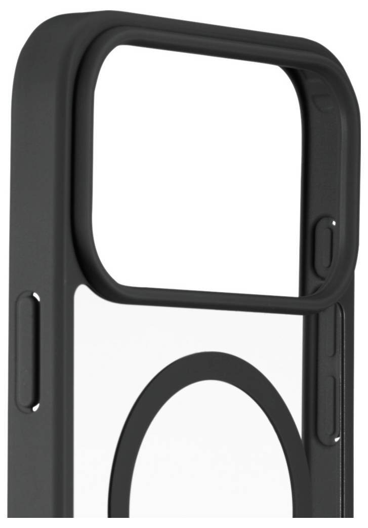 Eine schwarze Smartphone-Hülle mit einer großen Kameraaussparung oben und einem kreisförmigen Design in der Mitte, von einem Winkel aus betrachtet.