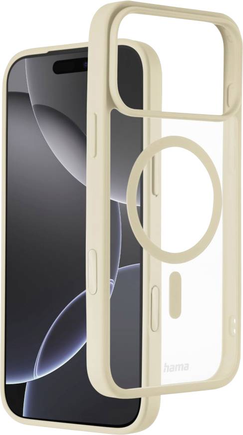 Eine beige Handyhülle mit erhöhten Kanten zum Schutz vor Stürzen wird gezeigt, mit präzisen Ausschnitten und einem transparenten Rücken, entwickelt für ein modernes Smartphone.