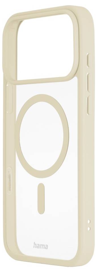 Eine beige Handyhülle mit durchsichtigem Rücken und kreisförmiger MagSafe-Umrandung, kompatibel mit drahtlosem Laden. Seitlich sind die Tasten sichtbar.