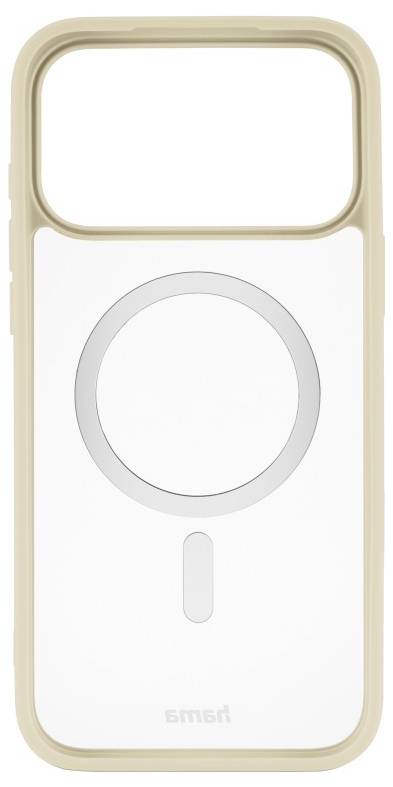 Eine beige und weiße Handyhülle mit einem kreisförmigen Design und dem Markennamen 'hama' am unteren Rand.