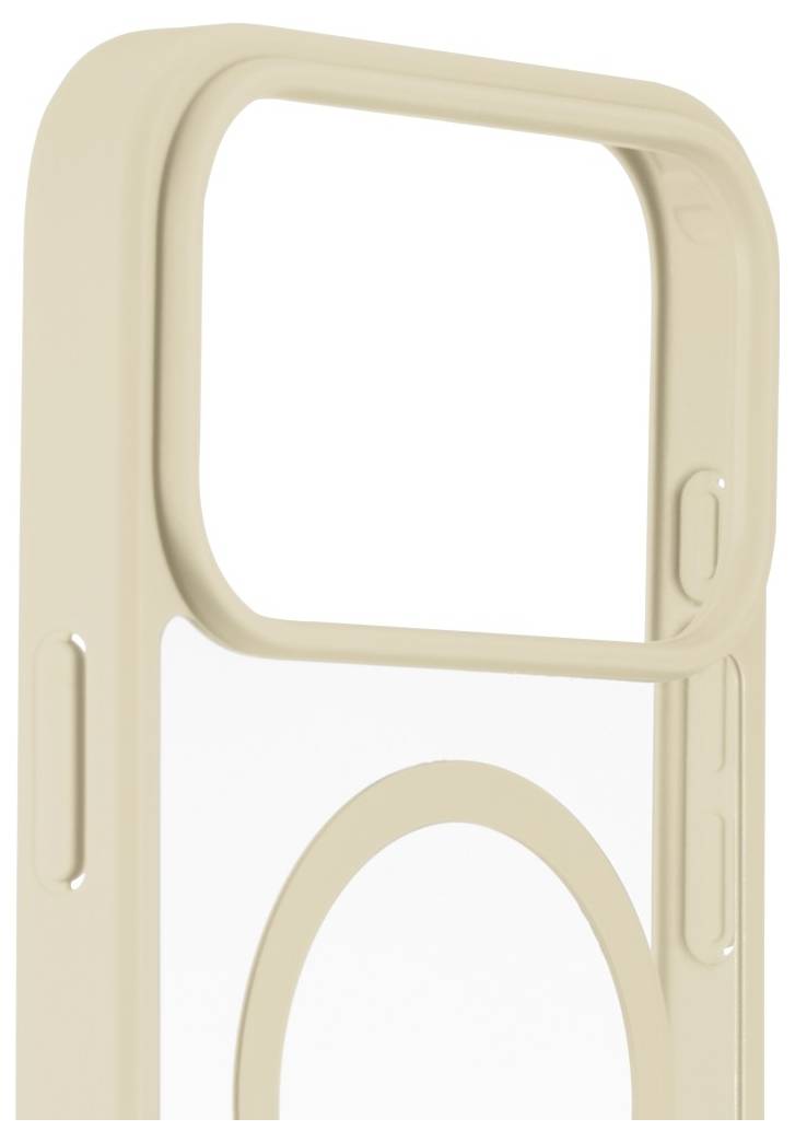 Eine beige Handyhülle mit transparenter Rückseite und MagSafe-Ring, die für ein Telefon mit großer Kameraaussparung an der Oberseite konzipiert ist.