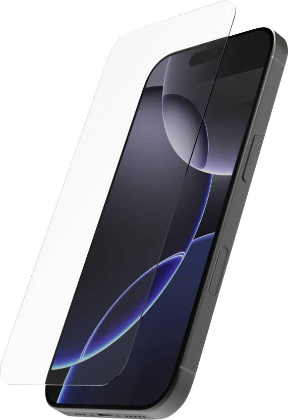 Ein Smartphone mit einem teilweise aufgeklebten transparenten Displayschutz, das ein modernes Design mit abgerundeten Kanten und seitlichen Tasten zeigt.