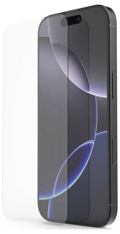 Ein Smartphone mit einem geometrischen Hintergrund auf dem Bildschirm. Ein transparenter Displayschutz bedeckt teilweise das Gerät.