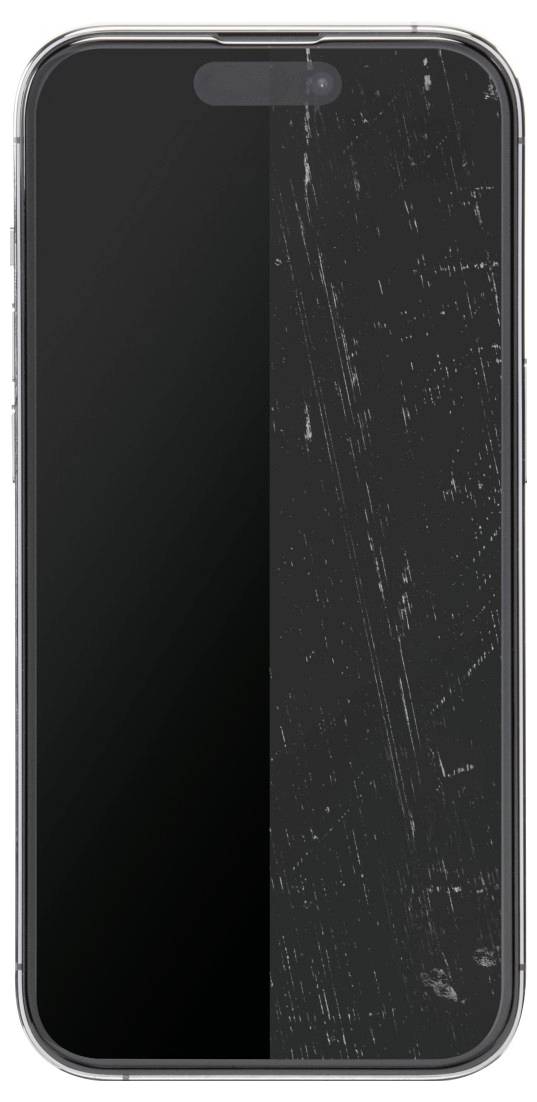 Ein Telefon, bei dem eine Hälfte des Bildschirms eine glatte Oberfläche zeigt, während die andere Hälfte sichtbare Kratzer und Abnutzungserscheinungen aufweist.