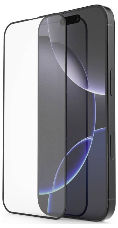 Gehärteter Glasbildschirmschutz, der die Vorderseite eines modernen Smartphones abdeckt, vor einem weißen Hintergrund, der das schlichte Design des Telefons hervorhebt.