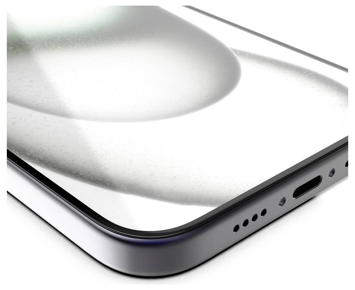 Nahaufnahme eines Smartphones mit elegantem Design und abgerundeter Ecke. Es betont die glatten Kanten und den metallischen Finish des Geräts.