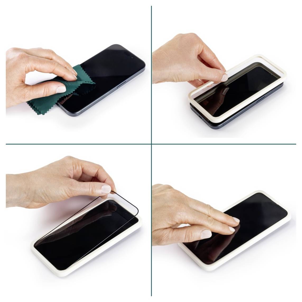 Vierschrittiger Prozess zum Anbringen eines Displayschutzfolien: 1. Telefonbildschirm mit Tuch reinigen, 2. Schutzfolie abziehen, 3. Schutzfolie ausrichten, 4. Blasen und Falten glätten.