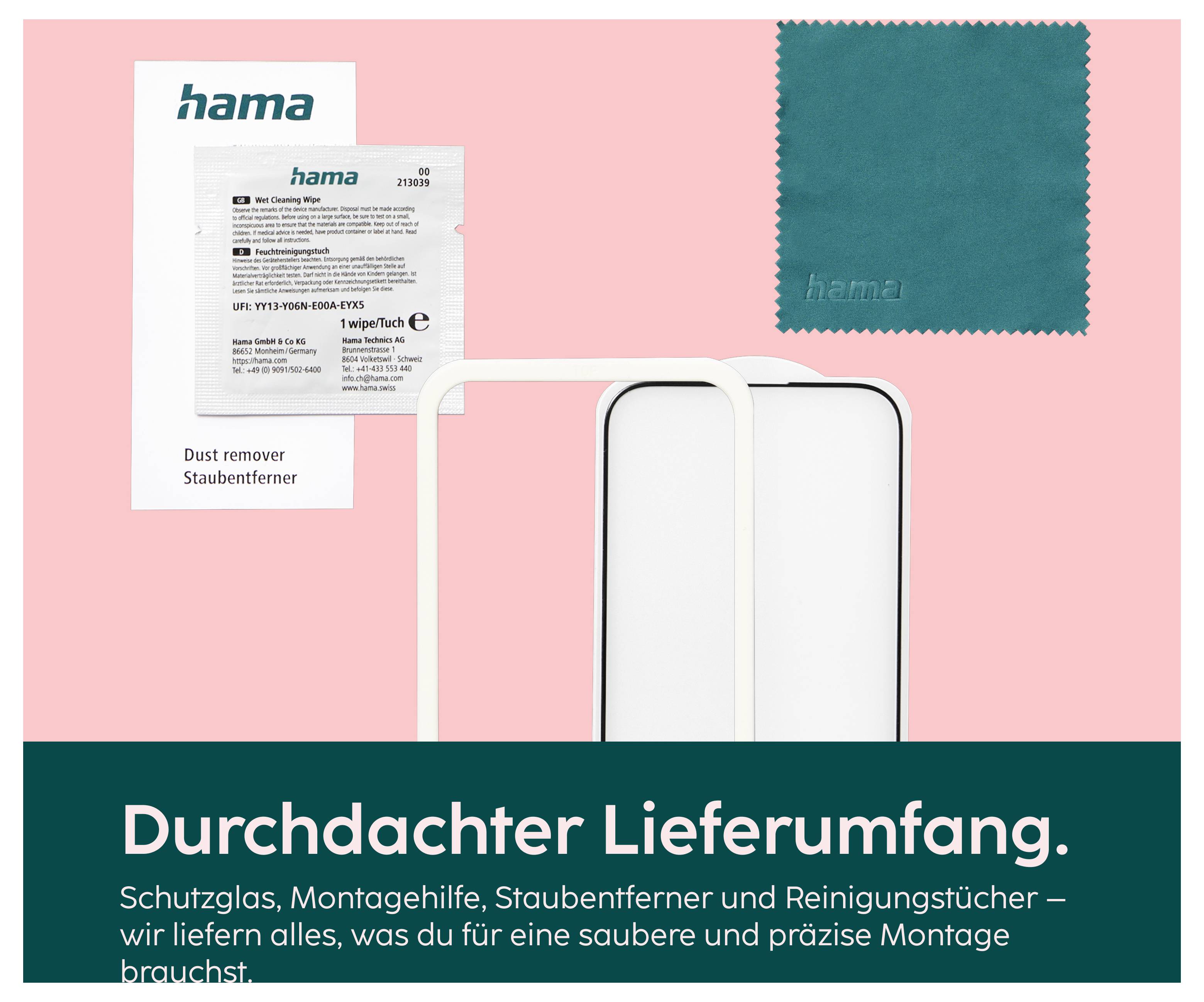 Werbegrafik zum Lieferumfang eines Dachfensters: Schutzglas, Montagehilfe, Staubentferner und Reinigungstuch; unten der Text 'Vollständiger Lieferumfang.'