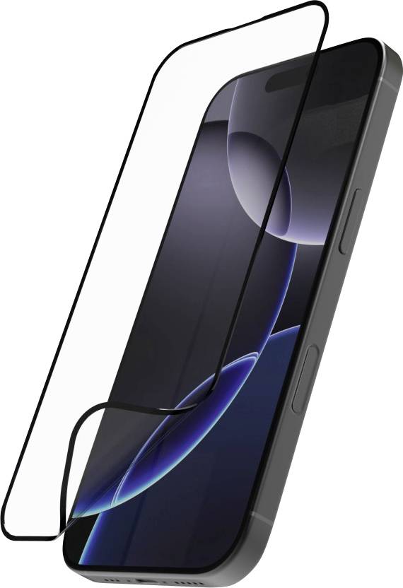 Ein schwarzes Smartphone mit einem teilweise angebrachten transparenten Displayschutz, der seine geschwungenen Kanten und Tastenpositionen an der Seite freilegt.