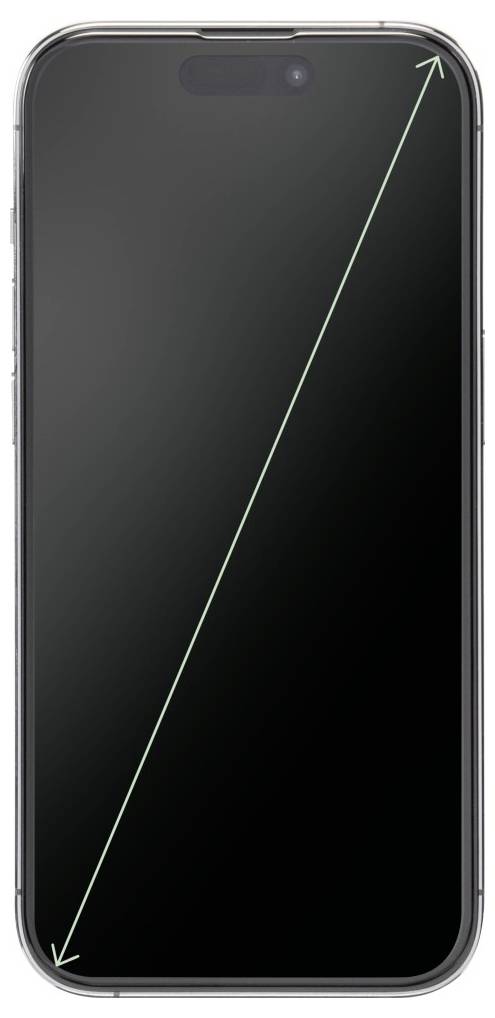 Ein Smartphone mit einer diagonalen Linie über seinem Bildschirm, die die Messung von oben links nach unten rechts anzeigt.