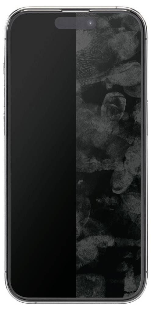 Ein Smartphone mit einem schwarzen Bildschirm, der teilweise mit Verschmutzungen und Fingerabdrücken bedeckt ist, was häufige Nutzung andeutet.
