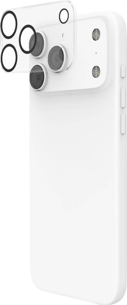 Ein weißes Smartphone wird von hinten gezeigt, wobei seine zwei Kameras und die Taschenlampe hervorgehoben werden. Ein transparenter Kameraobjektivschutz ist darüber positioniert.