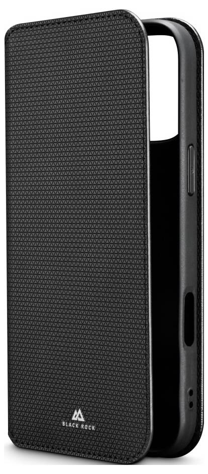 Eine schwarze Smartphone-Hülle mit Klappdeckel, strukturierter Oberfläche und einer Aussparung für die Kamera und Anschlüsse, auf der der Markenname 'Black Rock' angebracht ist.
