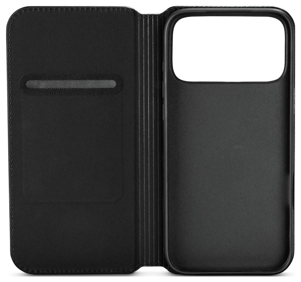 Eine schwarze Smartphone-Hülle im Wallet-Stil mit separatem Kartenfach, entwickelt zum Schutz des Telefons und gleichzeitigen Aufbewahren von Karten.