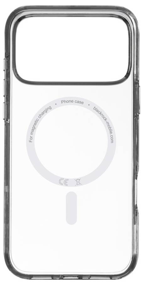 Eine transparente Handyhülle mit MagSafe-Kompatibilität, die eine kreisförmige Magnetfläche in der Mitte und Text drumherum für Branding-Zwecke aufweist.