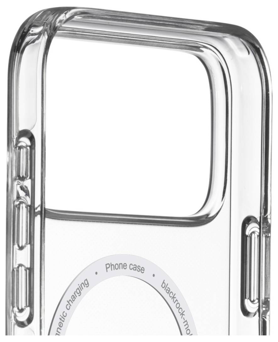 Durchsichtige Handyhülle mit magnetischer Ladefunktion, teilweise gezeigt, mit Hervorhebung der Kameraausschnitt und Text 'Handyhülle' und 'blackrock'.