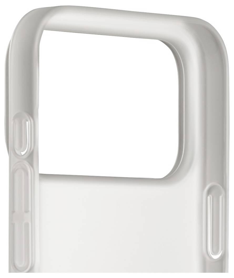 Transparente Handyhülle mit einem rechteckigen Ausschnitt für die Kamera, mit verstärkten Ecken und einer glatten Oberfläche.