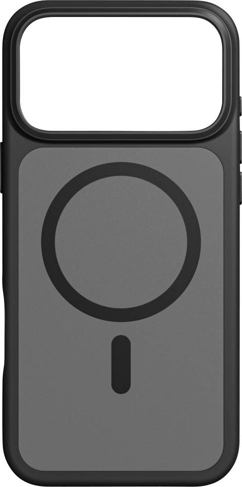 Eine graue Handyhülle mit einem kreisförmigen MagSafe-Design, die einen schwarzen Rand und eine Kameraausschnitt an der Oberseite aufweist.