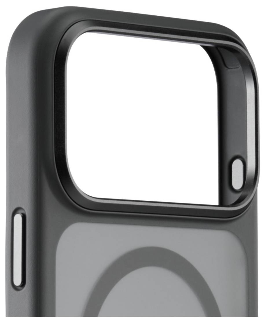 Eine schwarze Smartphone-Hülle mit einer großen Kameraaussparung im oberen Bereich, die einen seitlichen Knopf und ein kreisförmiges Design im unteren Abschnitt zeigt.