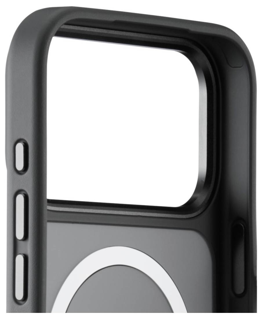 Eine schwarze Schutzgehäuse für ein Smartphone mit großer Kameraausschnitt und seitlichen Tastenabdeckungen, die entwickelt wurde, um ein modernes Smartphone zu umschließen.