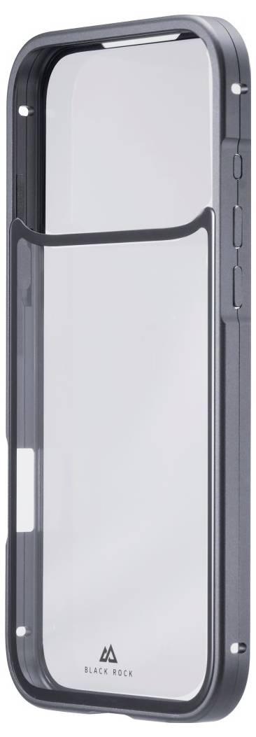 Ein transparenter Smartphone-Hülle mit grauen Kanten, die ein kleines Logo am unteren Rand trägt. Entwickelt für Schutz und Stil.