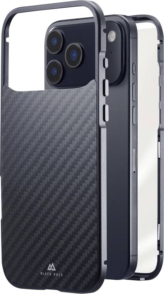 Ein dreiteiliges Handyhülle, entwickelt für ein iPhone, mit Karbonfaser-Muster und dem Markennamen 'Black Rock' am unteren Rand.