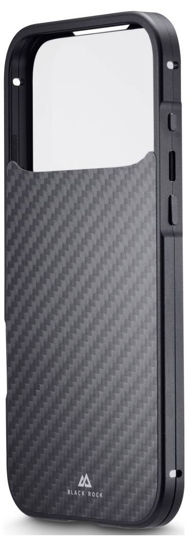 Eine schlanke, schwarze Smartphone-Hülle mit Kohlefaseroptik, die ein Markenlogo am unteren Rand trägt und einen erhöhten Rand zum Schutz des Bildschirms aufweist.