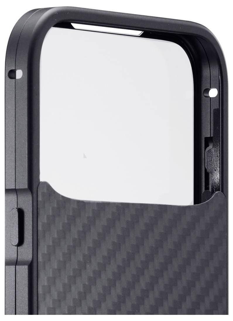 Ein robustes, schwarzes Smartphone-Gehäuse mit strukturiertem Carbonlook-Design, das einen erhöhten Rahmen und eine präzise Kameraaussparung zur Schutz bietet.
