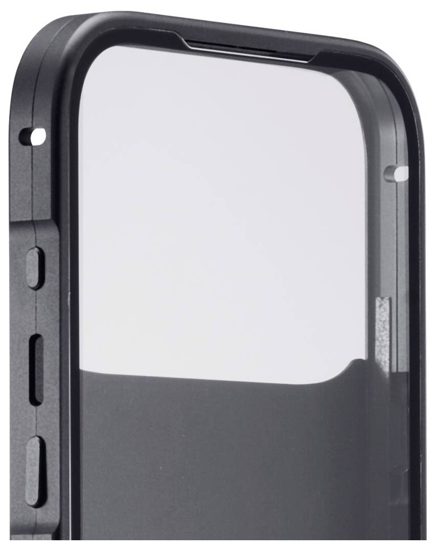 Eine Nahaufnahme eines schlanken, modernen Smartphones mit Hülle, die den Rand und einen Teil der Rückseite zeigt und die Designdetails hervorhebt.